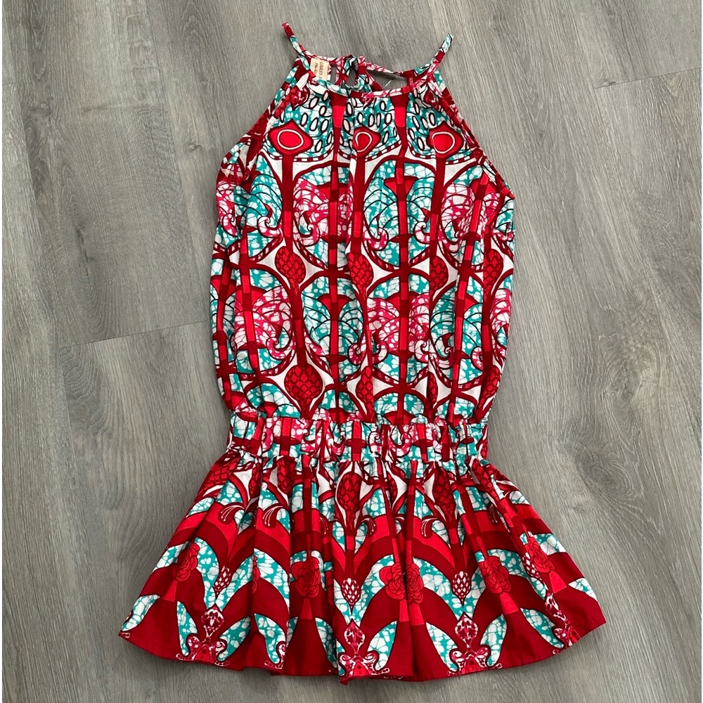 VINTAGE Grass Fields African Red/White/Green Patterned Dress - S